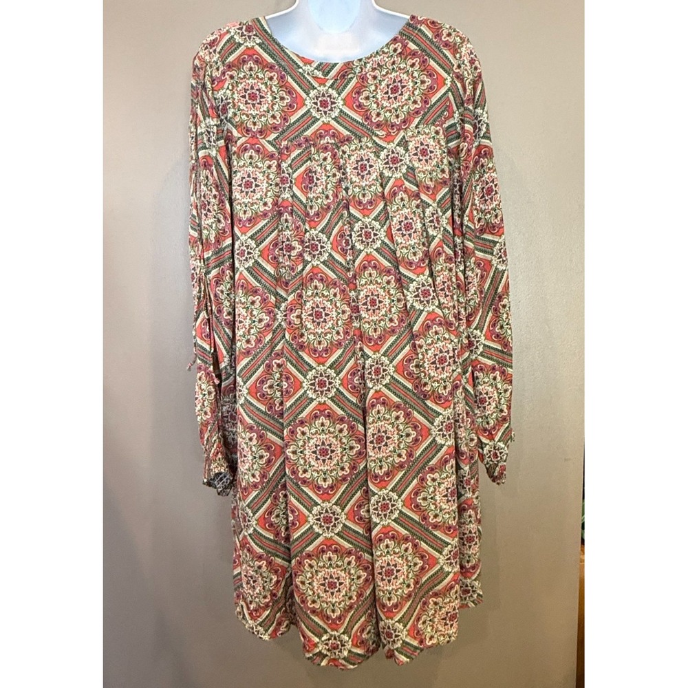 En Creme 1X Boho Paisley Print Shift Dress Pink Green Long Sleeve Plus Size - Picture 2 of 10